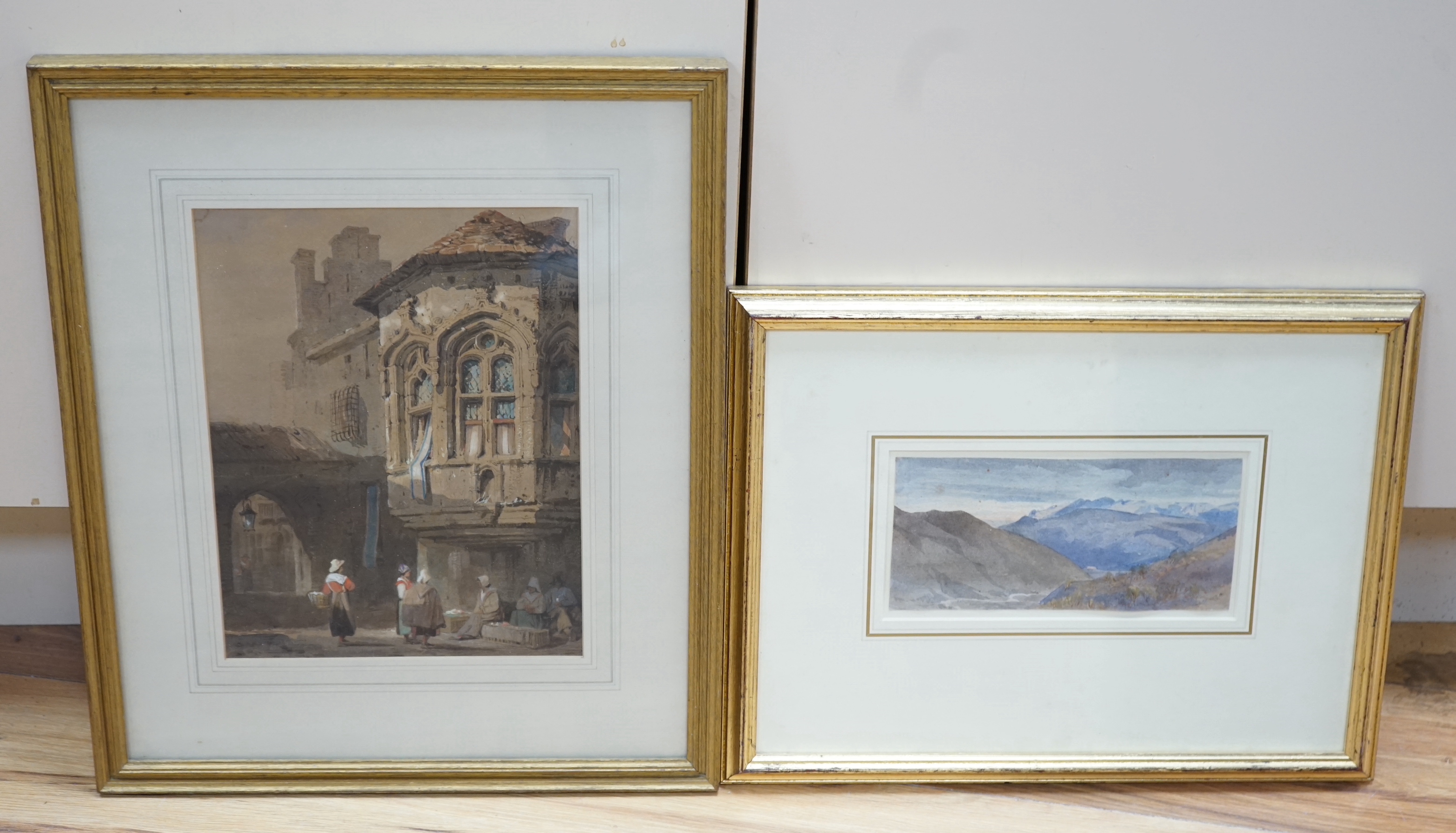 Attributed to Samuel Prout (1783-1852), watercolour, Bruges, unsigned, together with, Arthur Glennie RWS (1803-1890), watercolour, Licenza, Abbott & Holder label verso, largest 26.5 x 19.5cm